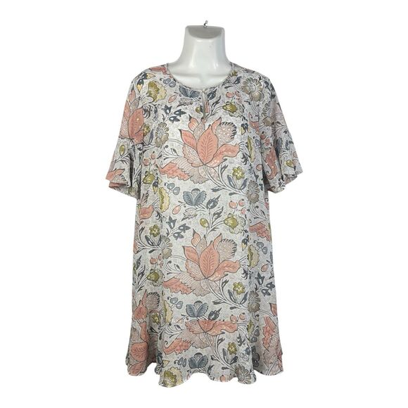 Ann Taylor Loft Shift Dress Women's Medium Pink Gold Floral Ruffle Sleeves Midi - Picture 2 of 9